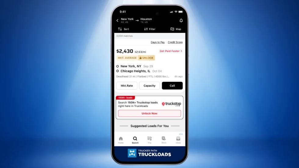 TruckLoads mobile app screen displaying freight load listings through the new integration with Truckstop.com load board services.