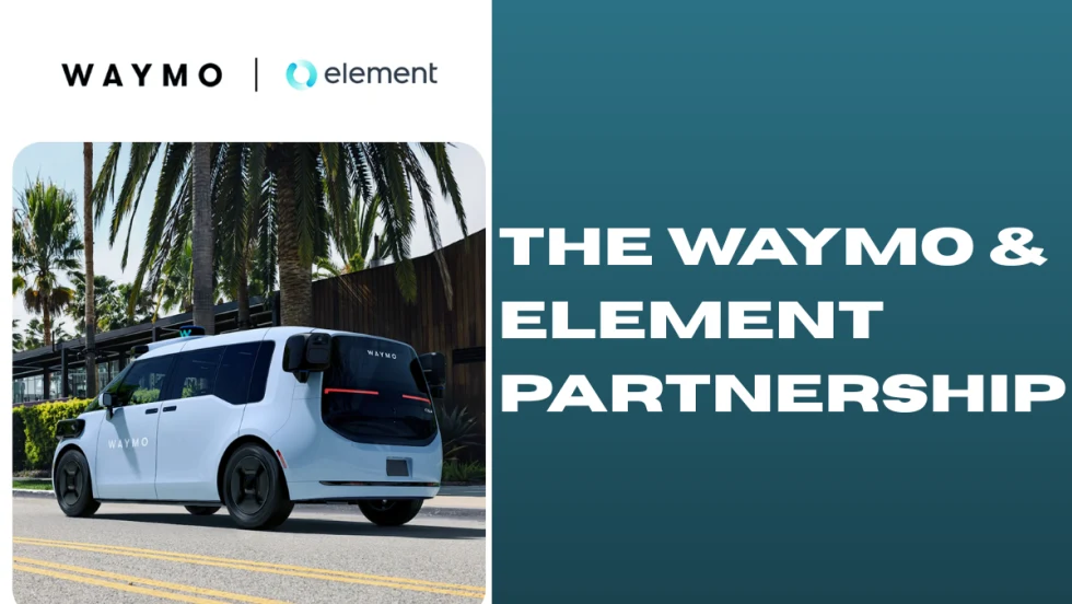 Waymo autonomous vehicle on a city street beside a graphic announcing the Waymo and Element partnership to support large-scale autonomous fleet operations and expansion.