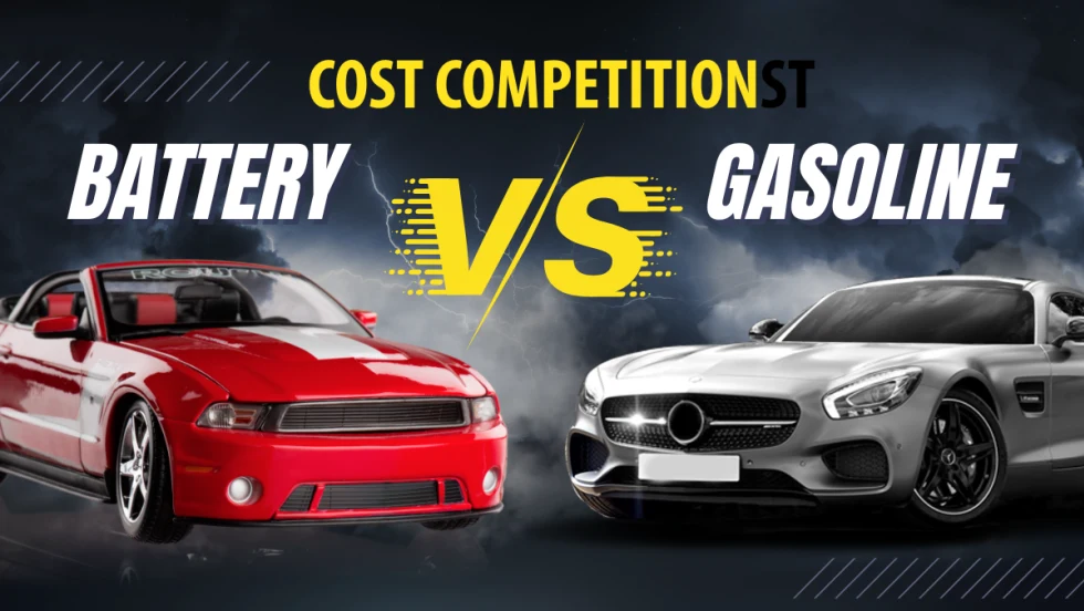 A red electric sports car positioned diagonally against a white gasoline coupe, like two fighters ready for a rivalry.