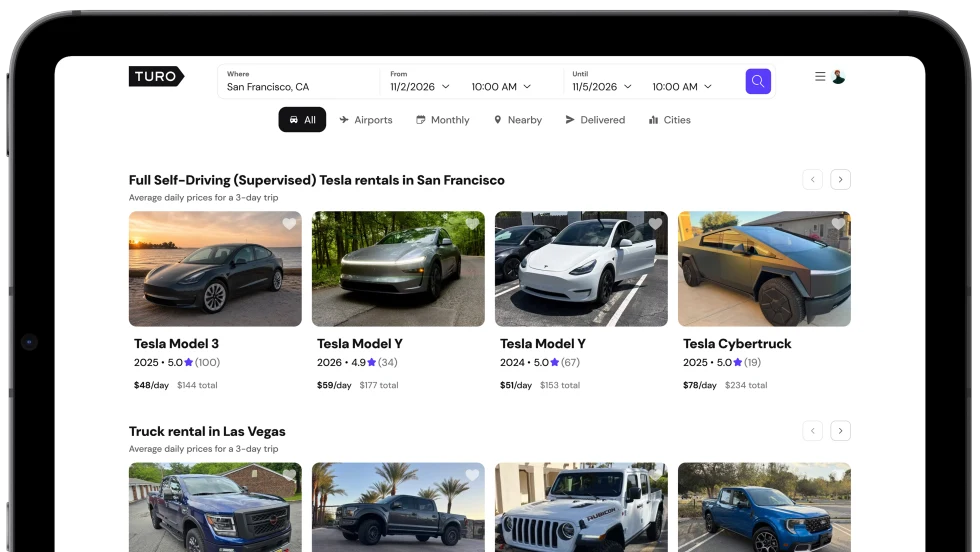 display of Turo's FSD homepage