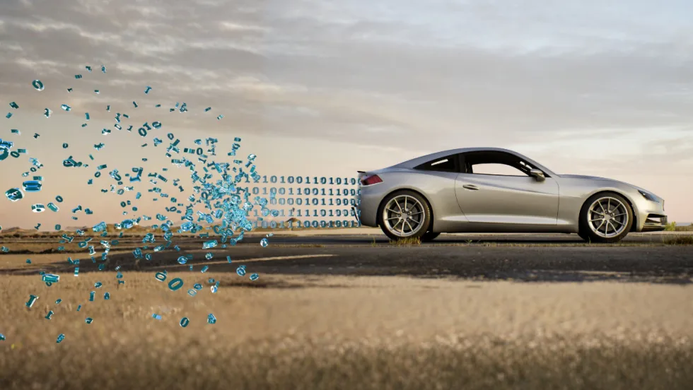 a car's profile, with digital exhaust coming from back