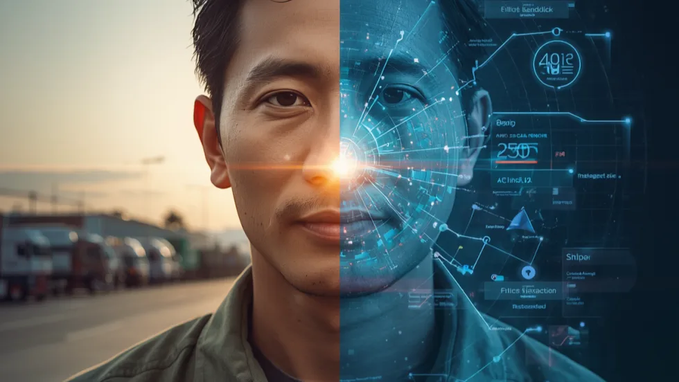 Image of a fleet manager with fleet on left, data on right of his face. 