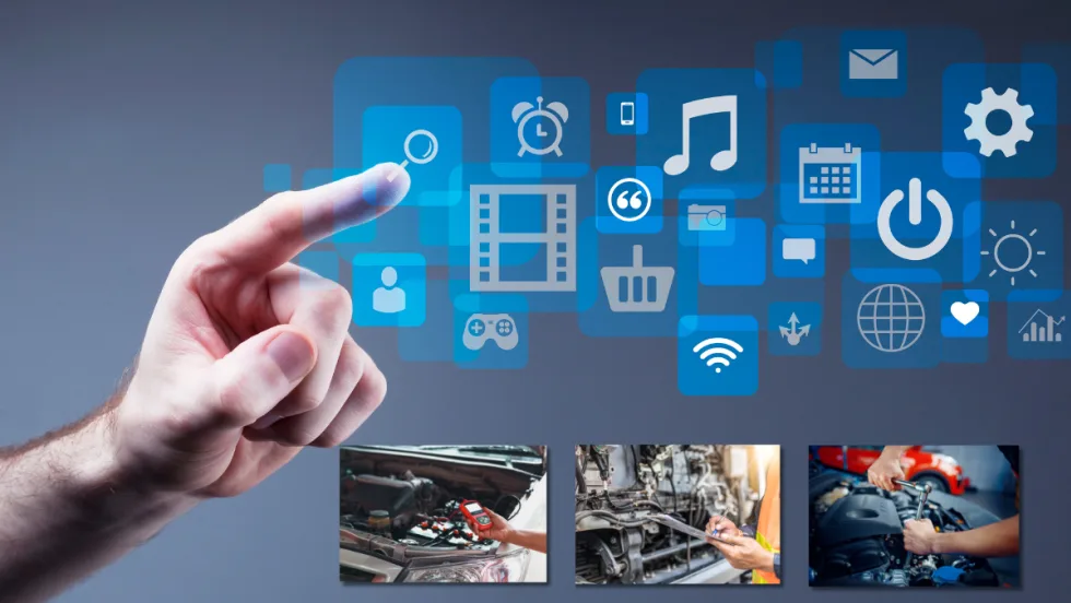 finger touching digital assets with photos of maintenance repairs