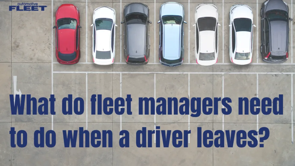 A drone view of seven cars in a gray parking lot with a blue title on the bottom of the image