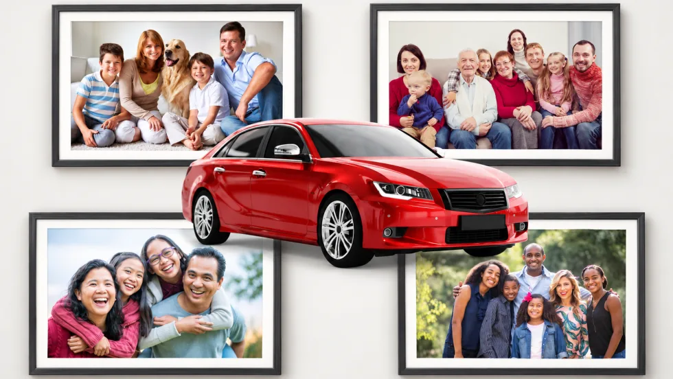 Family framed photos and company car in middle