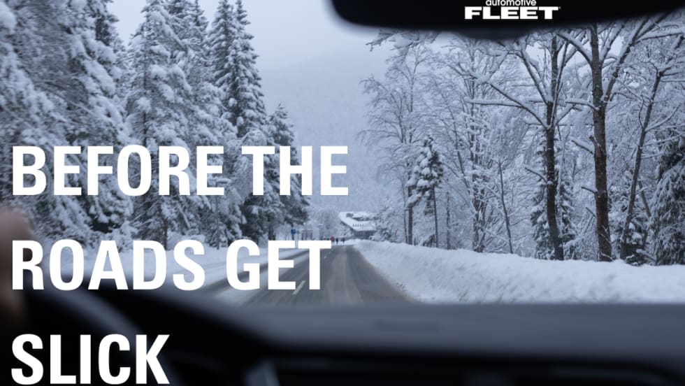 Winter road with the words BEFORE THE ROADS GET SLICK overlaid