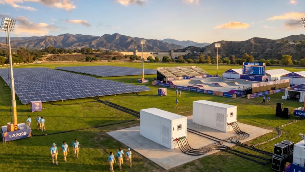 A rendering showing solar panels and mobile chargers with battery storage at an open-air sports venue.