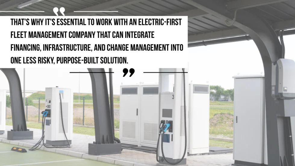 A quote about fleet electrification is laid over a picture of charging stations for hybrid and electric vehicles.