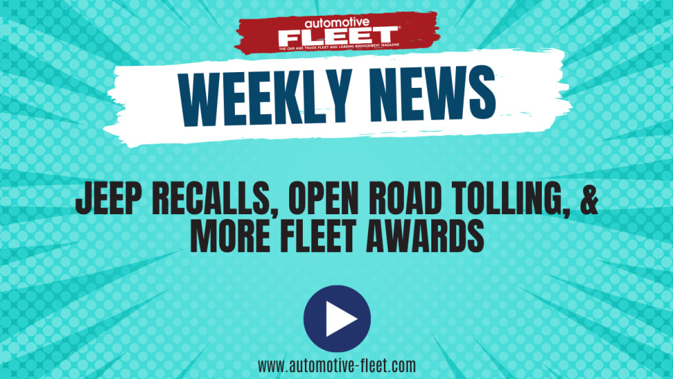 An Automotive Fleet graphic for a weekly news recap with a play button and the website URL at the bottom.