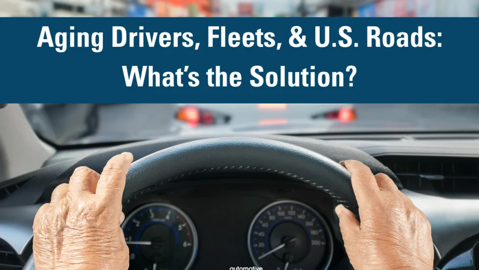 Elderly hands sit on a steering wheel with a caption highlighting safety concerns for elderly drivers.