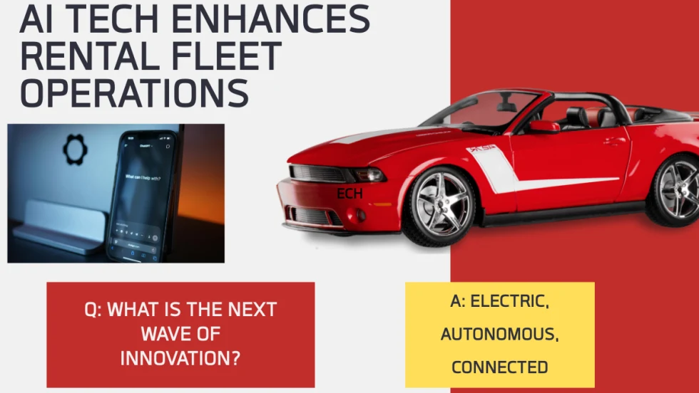 A montage of a red mustang, a smartphone, and colored text boxes about rental fleet technology.