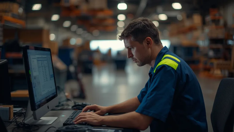 A man looks at a computer with his hands on the keyboard