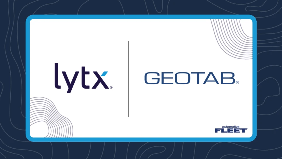 A blue and white graphic with Lytx and Geotab logos.