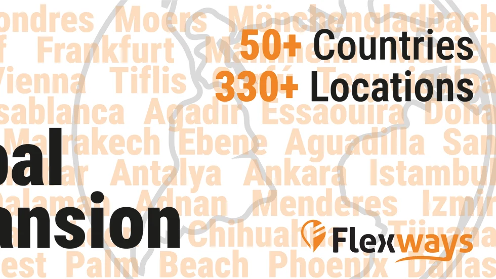 An orange banner photo representing Flexways global reach has the title "Global Expansion" in bold lettering.