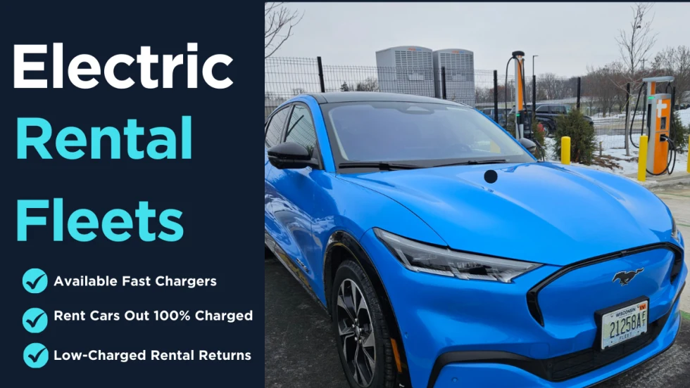 A blue Ford Mustang Mach E pictured next to EV chargers in an illustration.