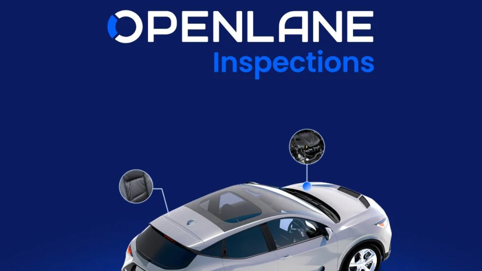 An Openlane logo-photo of a car labeled with technology inspection points.