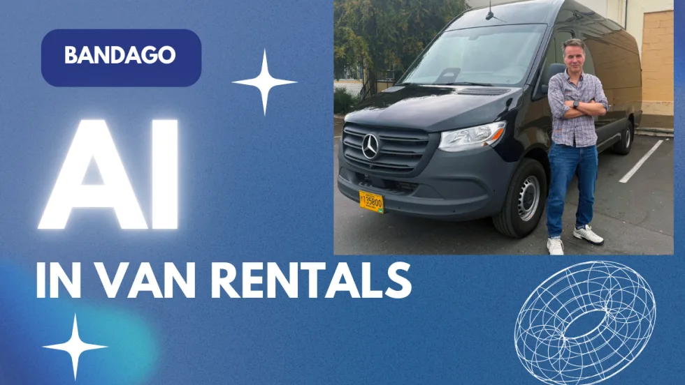 AI graphic with photo of Sharky Laguana in front of a Mercedes Benz Sprinter rental van