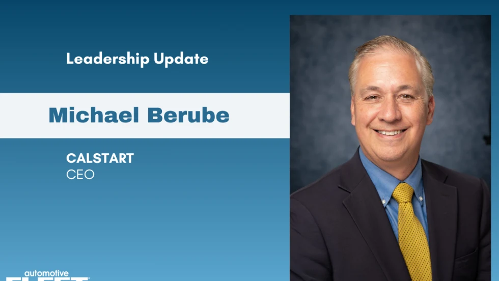 Portrait of Michael Berube, CALSTART’s new CEO, featured in Automotive Fleet’s Leadership Update announcement.