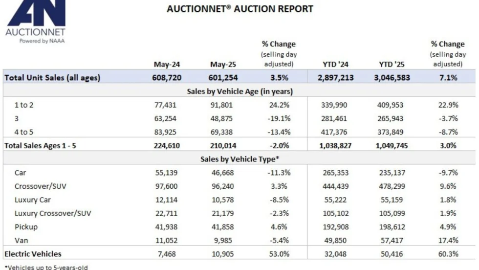 A summary table of auction sales of used vehicles.