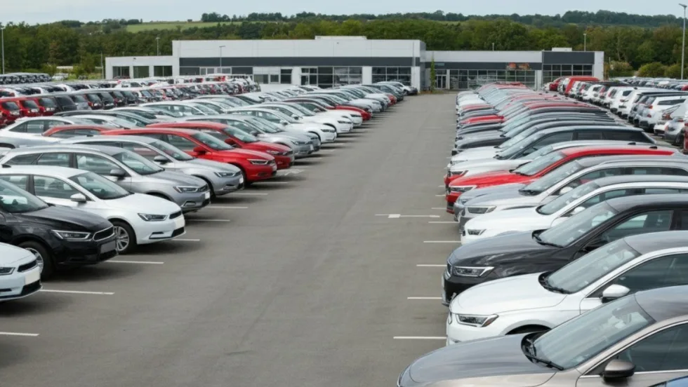 New vehicles lined up in a large parking lot at a dealership in west-central Brazil, with the modern dealership building in the background.