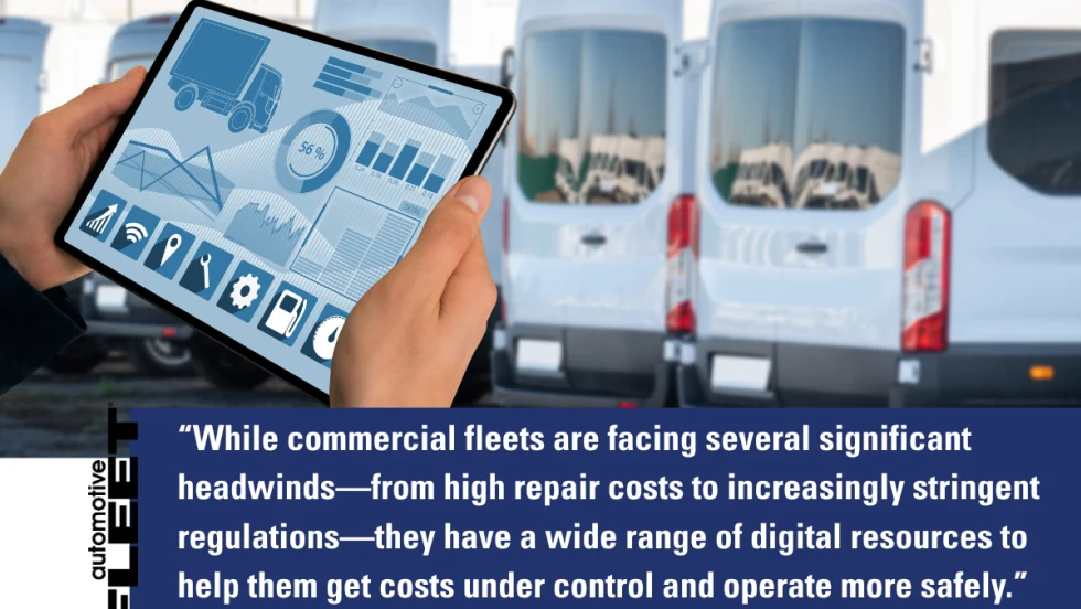 A fleet manager uses a digital tablet displaying telematics data and repair analytics in front of parked commercial vans. Modern fleet management technology helps reduce downtime, control repair costs