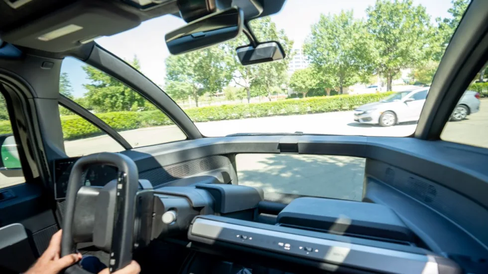 Passenger view of the Canoo electric vehicle.