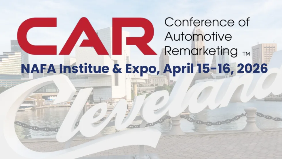 A Conference of Automotive Remarketing graphic sits on a transparent Cleveland background, highlighting the event on April 15-16.