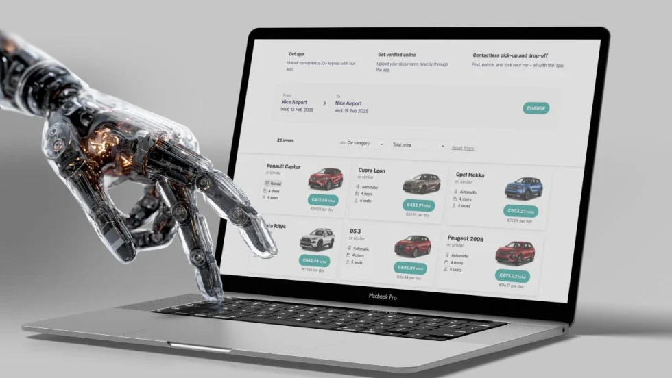 A robotic hand searching for a rental car on a laptop computer.