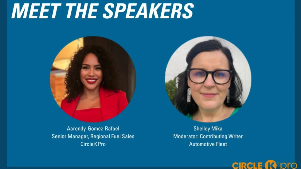 Headshots for the speakers at an August 5 webinar sit against a blue background. "Meet the Speakers sits at the top with their names, Aarendy Gomez Rafael and Shelley Mika, under the photos.