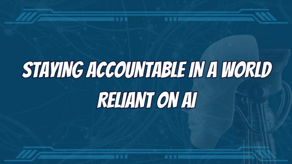 A blue, futuristic graphic warns of the dangers of AI use.