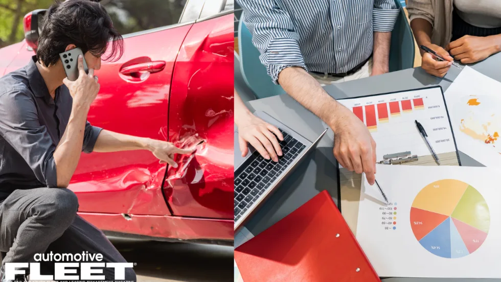 Split image showing a man inspecting a damaged red car while on the phone, alongside a group of professionals reviewing charts and data on fleet safety and performance.