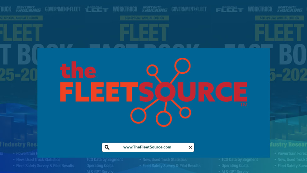 A blue Fleet Source graphic has the logo overlaying a square blue box, with opaque, transparent Fleet Fact Book covers laid behind it.