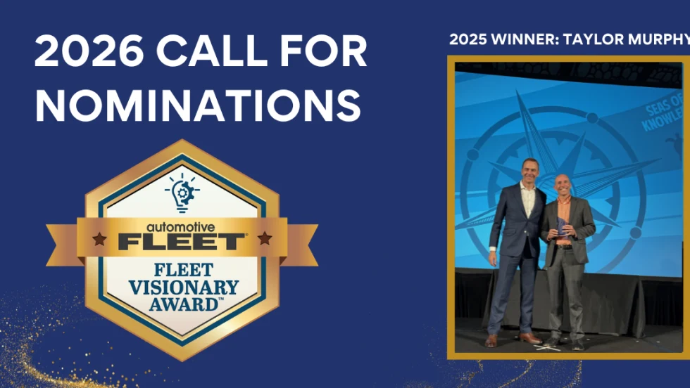 Graphic announcing 2026 Fleet Visionary Award nominations with blue background and award badge, highlighting innovation and leadership in fleet management.