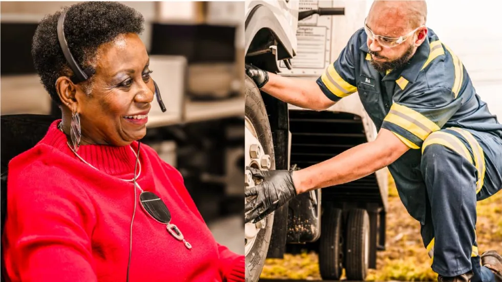 Photo montage of a courteous, friendly call service rep and a field fleet technician replacing a flat tire on a fleet truck.