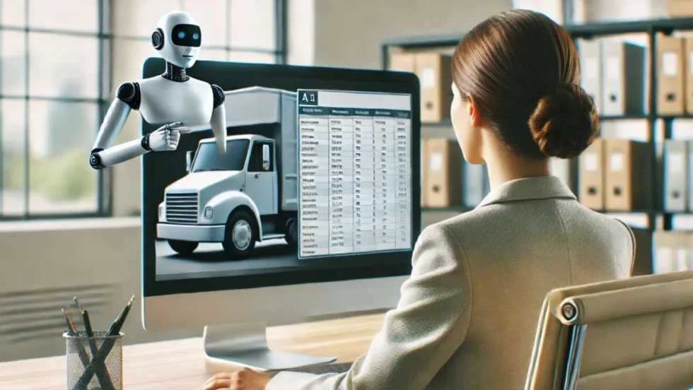 AI generated image of woman at desk with AI robot helping her. 