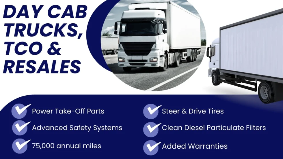 A collage of two photos of day cab trucks above a checklist for maximizing resale values.