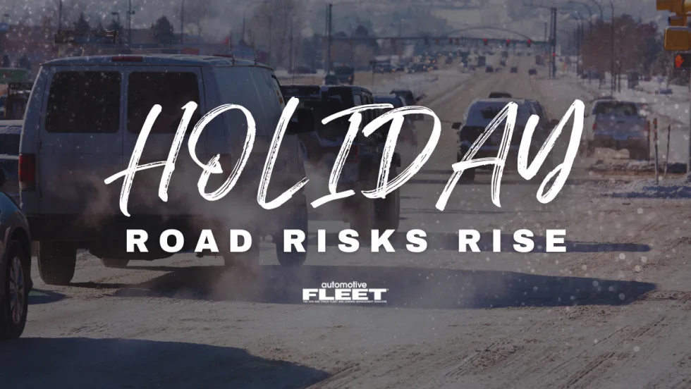 An image of a snowy town road with cars driving. Text overlayed reading "Holiday Road Risks Rise".