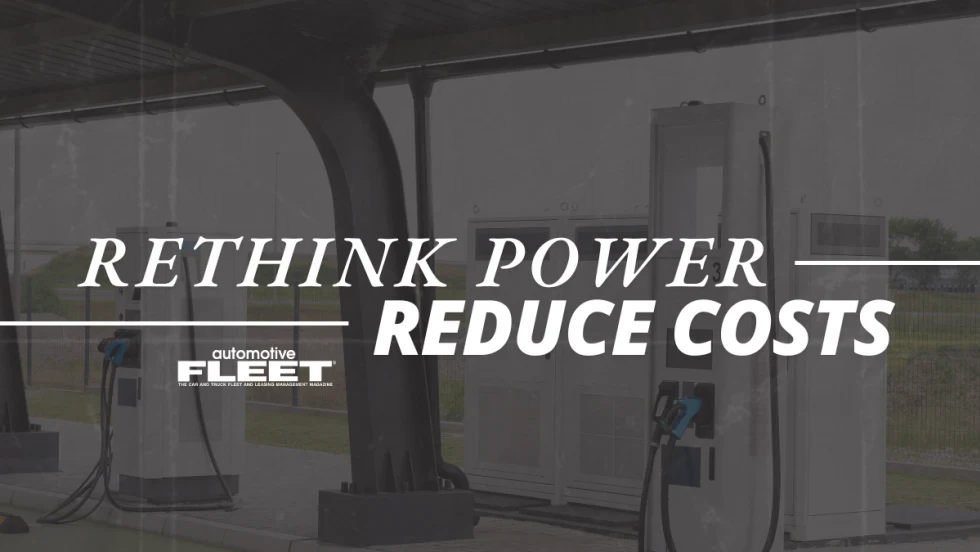 An image of an electric vehicle charging depot in the background overlayed with the text "Rethink power, Reduce Costs".