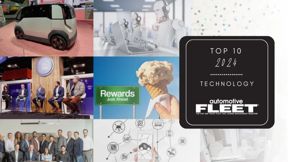 A collage of images from the top technology stories on Automotive Fleet's website. Text overlay on the right side reads "Top 10 2024 - Technology".
