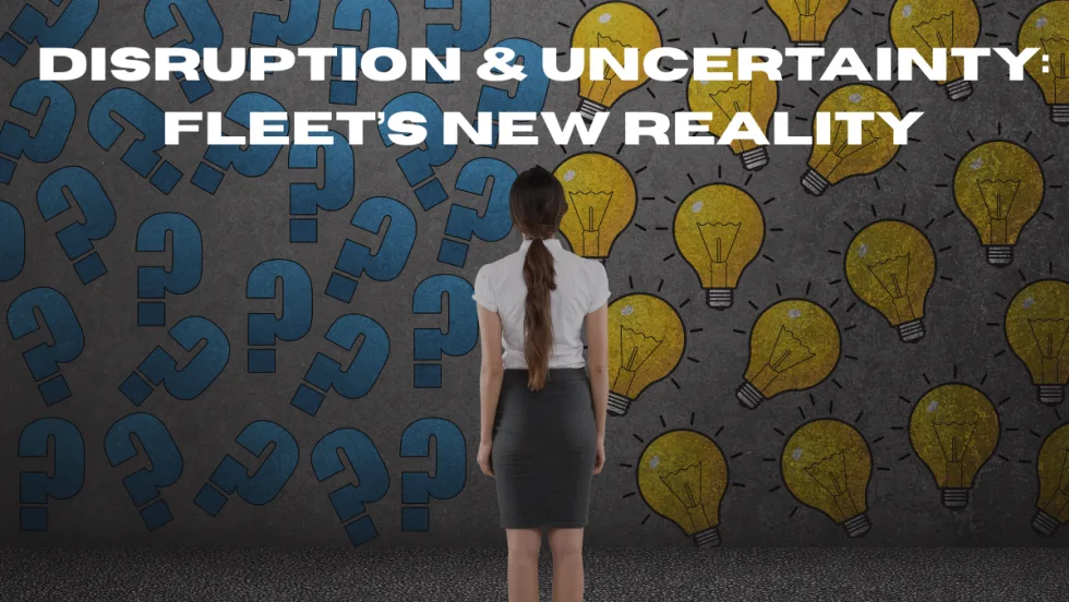 A woman stands between two different backgrounds, one with question marks and one with lightbulbs.