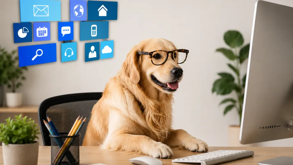 A dog sits at a desk and vibe codes