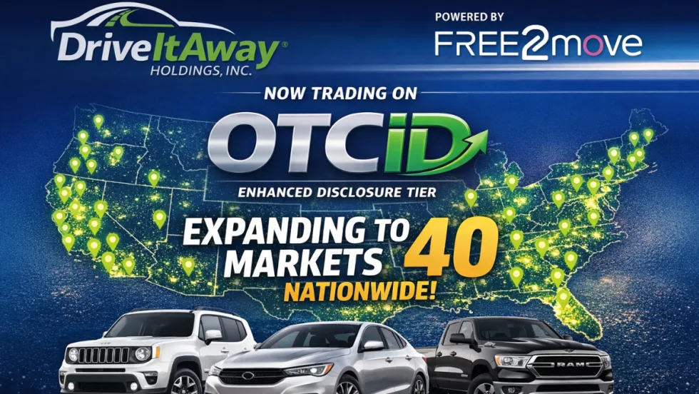 Map of the U.S. highlighting participating DriveItAway dealerships behind three fleet vehicles.
