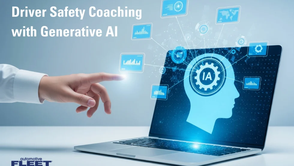 A hand points at an AI graphic outlining Lytx's new AI-powered driver coaching program. 