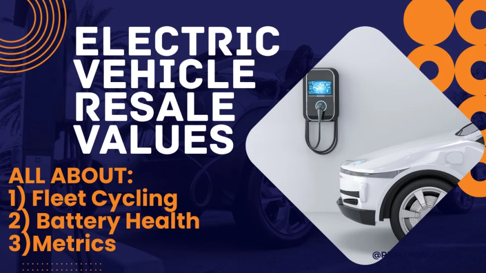 A photo illustration of an electric car next to a wall charger, next to a large headline reading Electric Vehicle Resale Values