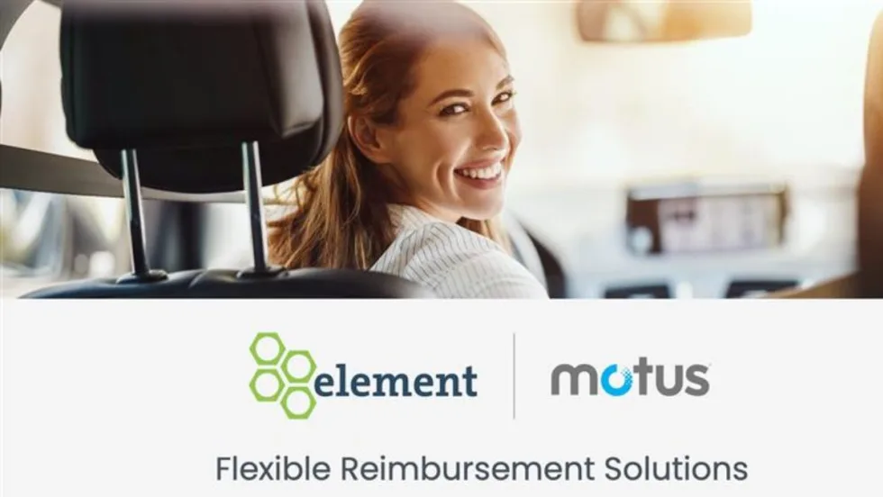 Smiling woman in the driver’s seat looking back, representing a positive driving experience. Below are logos for Element and Motus with the tagline “Flexible Reimbursement Solutions.