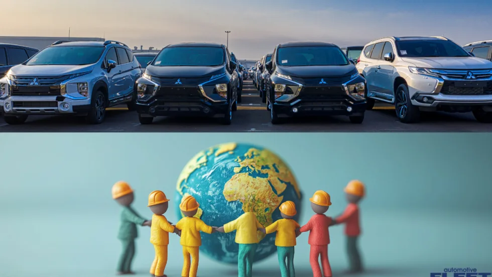 A world graphic of workers holding hands surrounds a globe with a line of cars on top, representing Global Fleets.