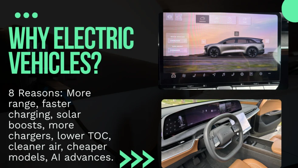 Interior dashboard photos of a Lucid Gravity designed into a graphic listing why electric vehicles are still viable.