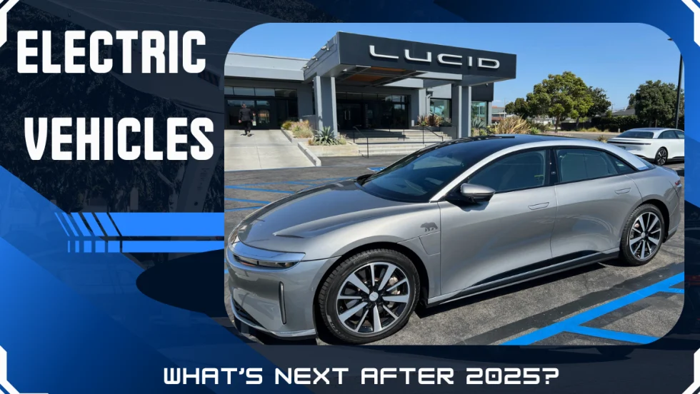 A Lucid Air parked in front of a Lucid dealership.