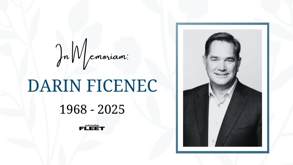 A blue and white graphic with a black and white picture of Darin Ficenec and text reading "In Memoriam: Darin Ficenec, 1968-2025"