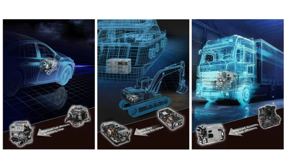Diagrams of three types of commercial fleet vehicles and how a Toyota Fuel Cell System integrates into each vehicle.